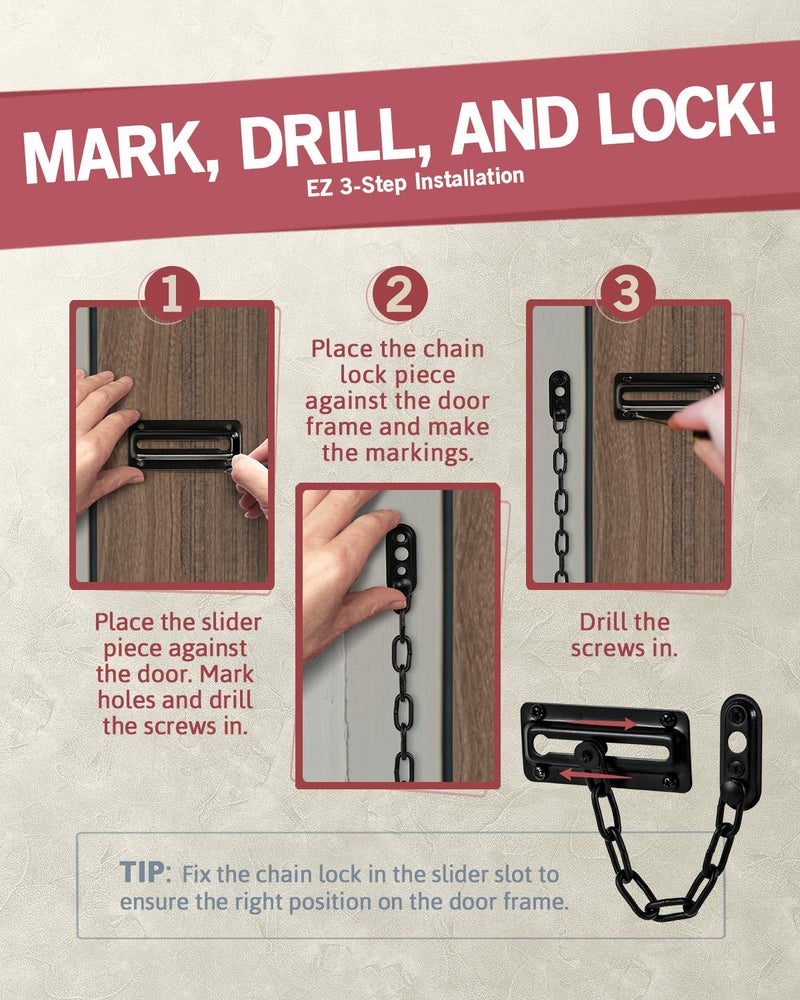 JD Jack N'Drill Jack N'Drill 2 Pack Door Chain Lock, 100% Child Proof Safety Chain Door Lock, Sturdy & Rust-Resistant Steel, Heavy Duty Chain Locks for Inside Door and Extra Front Door Lock (Black) - Image 4